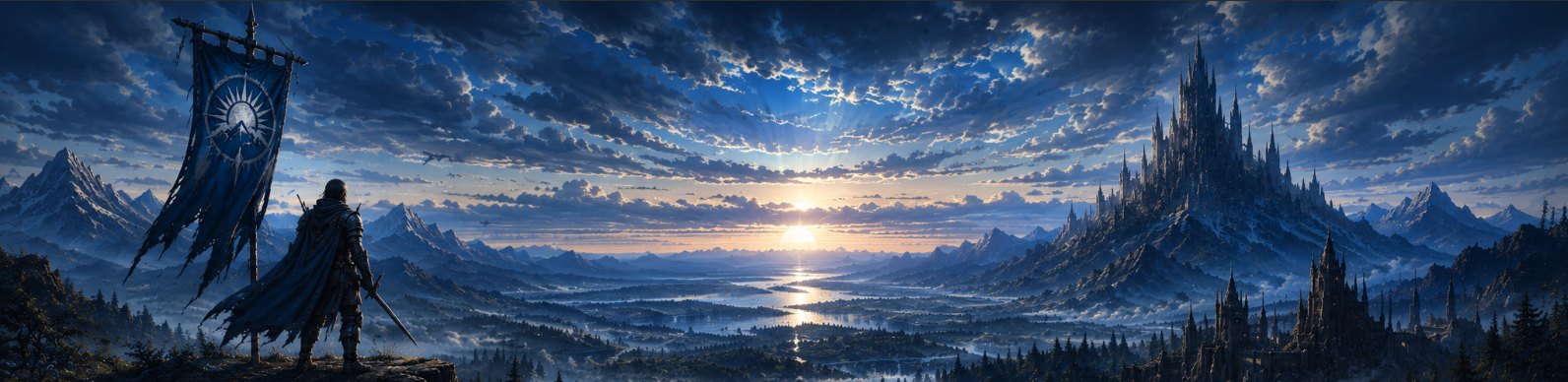 Banner von Everil: ein Krieger mit Banner blickt bei Sonnenaufgang auf eine Burg in den Bergen